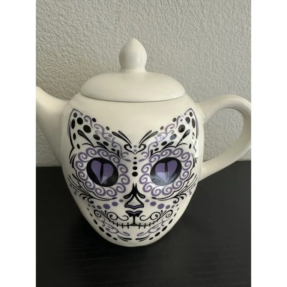 Cat Sugar Skull Day Of The Dead Teapot 2014 Archie McPhee Purple & Black